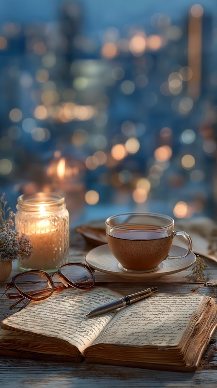 Warm drink and open book on a table at night Free Premium Stock Photo - stock photo