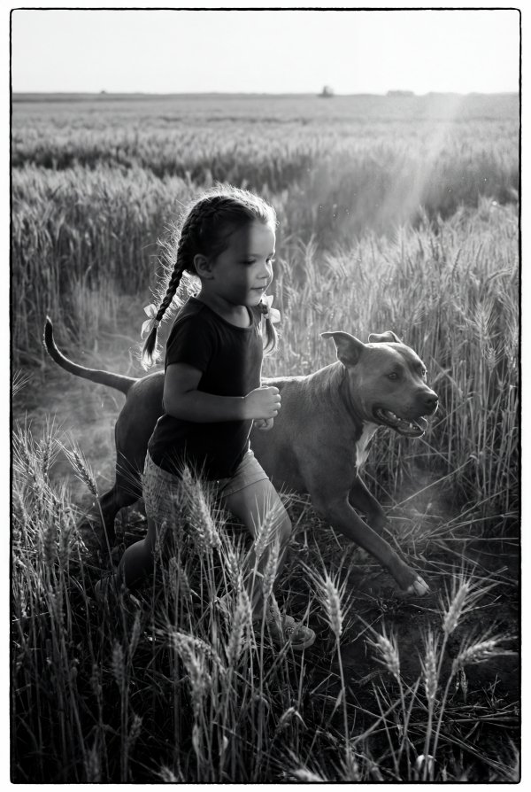 Child plays with dog in field during sunny afternoon - stock photo