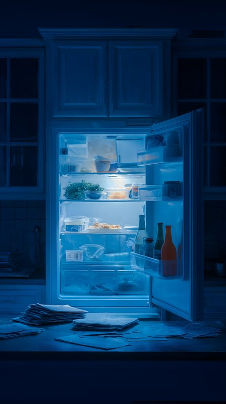 Open fridge in dark kitchen at night with food items inside Free Premium Stock Photo - stock photo