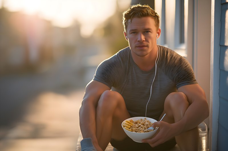Young man enjoying breakfast on a sunny morning Free Premium Stock Image - stock photo