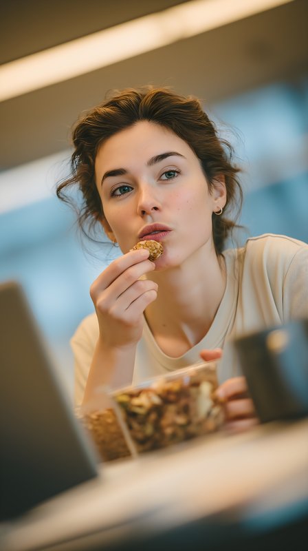 Young woman enjoys snack while working at desk Free Premium Stock Photo - stock photo