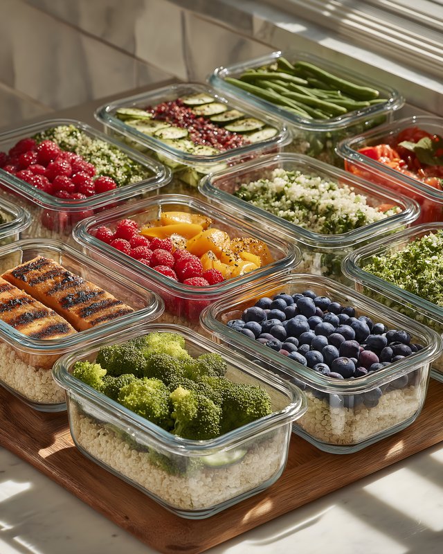 Colorful meal prep with veggies and fruits in glass Free Premium Stock Image - stock photo