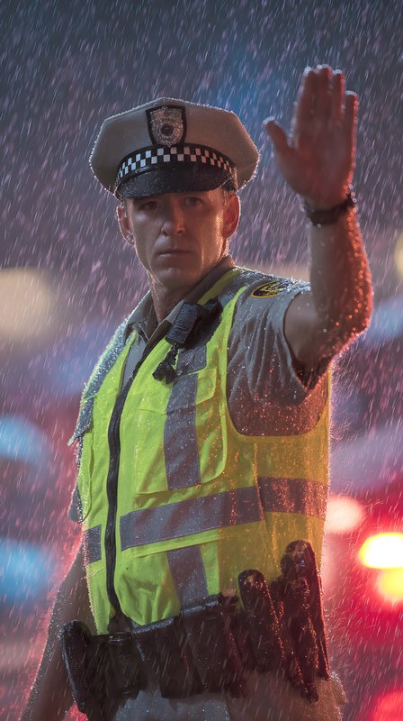 Police officer directs traffic in heavy rain during night Free Premium Stock Image - stock photo