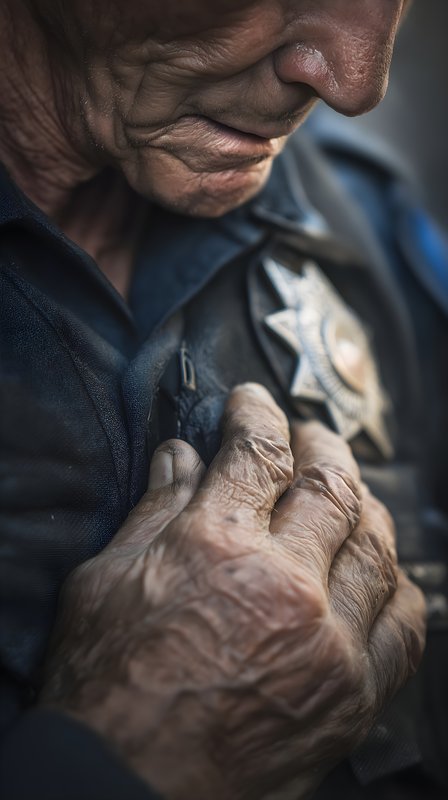 Retired officer holds badge with hands in reflection of duty Free Premium Stock Image - stock photo