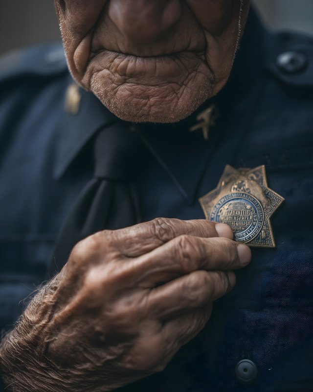 Old officer adjusts badge on uniform during quiet moment Free Premium Stock Image - stock photo