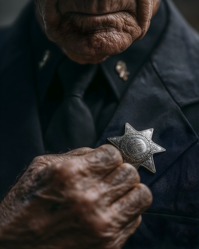 Senior officer showing badge while standing in uniform Free Premium Stock Image - stock photo
