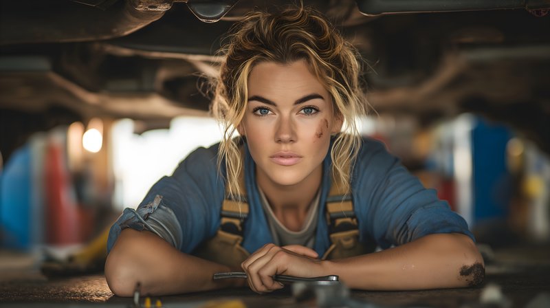 Woman working under a car in an auto shop Free Premium Stock Image - stock photo
