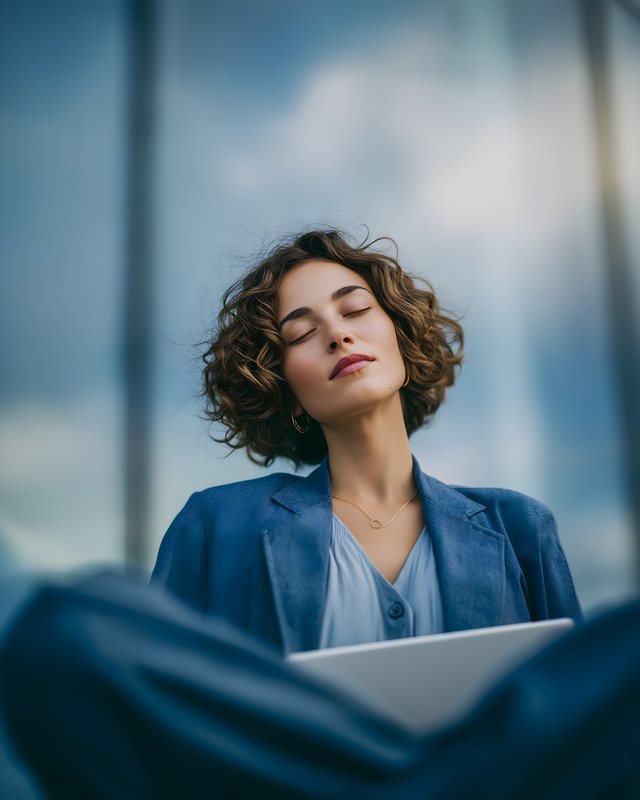 Woman sits with eyes closed while using laptop outside Free Premium Stock Image - stock photo