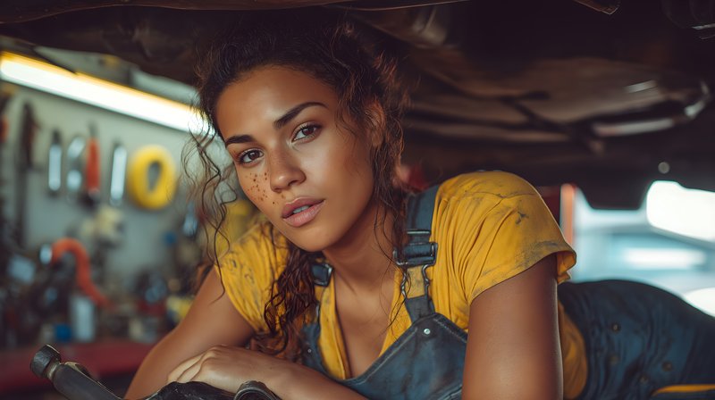 Woman working on a car in an auto repair shop Free Premium Stock Photo - stock photo