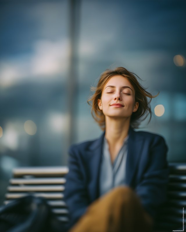 Woman enjoying a moment at a busy location during the day Free Premium Stock Image - stock photo