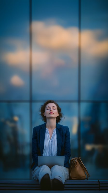 Woman sitting quietly with laptop outdoors on a sunny day Free Premium Stock Photo - stock photo