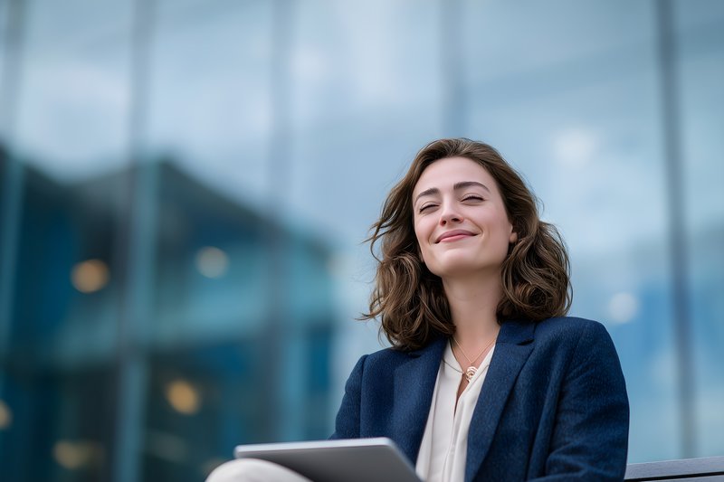 Woman enjoys outside work with tablet in city setting Free Premium Stock Image - stock photo
