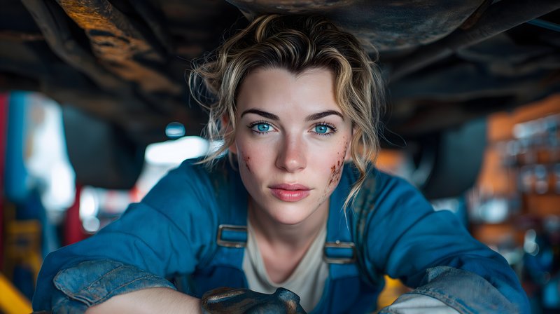 Woman working on a car in a garage during daytime hours Free Premium Stock Photo - stock photo