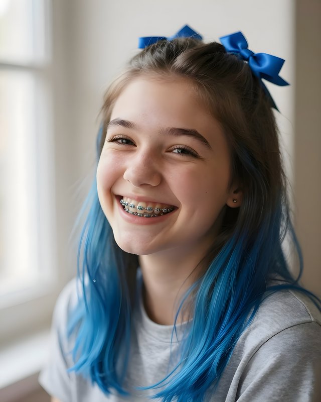 Girl with blue hair and braces smiles by the window Free Premium Stock Image - stock photo