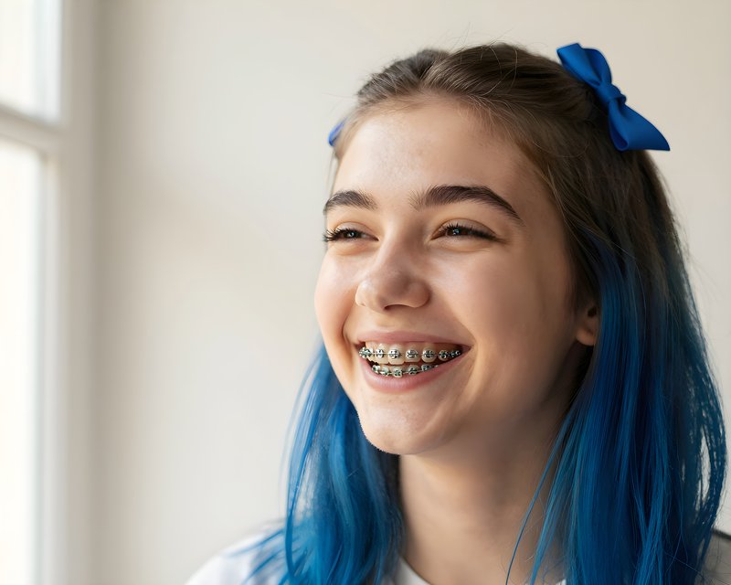 Girl with blue hair and braces smiles in bright room Free Premium Stock Photo - stock photo