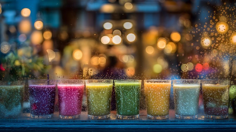 Colorful drinks line a glass window on a rainy day Free Premium Stock Photo - stock photo