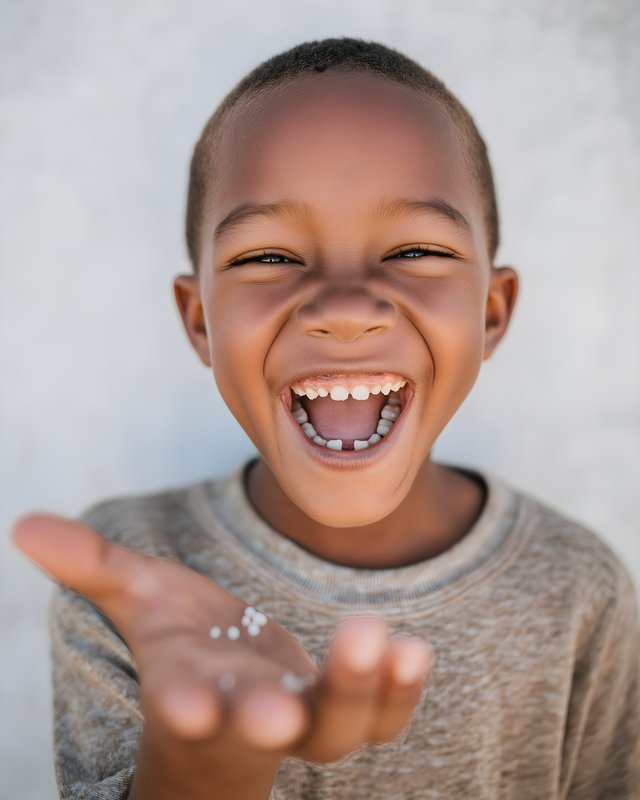 Child laughs while showing something in hand, outdoor setting Free Premium Stock Image - stock photo