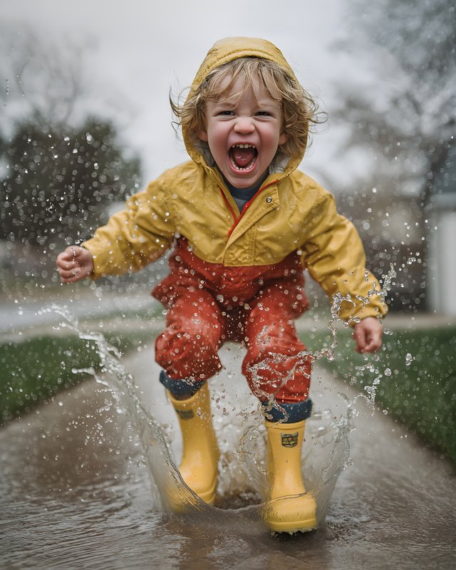 Child jumps in puddles with joy during rainy day outside Free Premium Stock Photo - stock photo