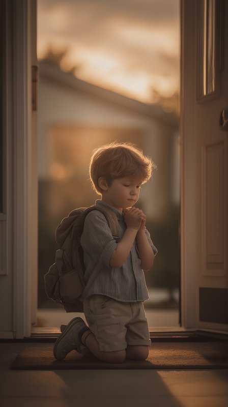 Boy kneeling at the door with backpack during sunset Free Premium Stock Image - stock photo