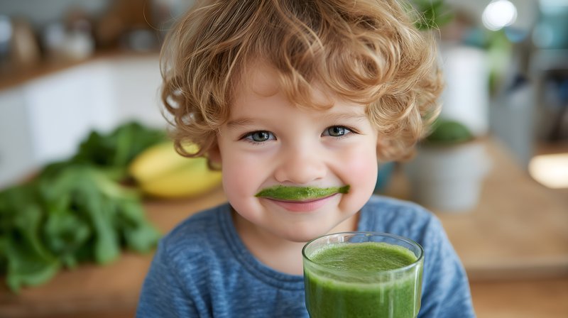 Young boy enjoys green smoothie while smiling in kitchen Free Premium Stock Photo - stock photo