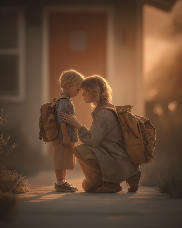 Mother and child share a moment before school in the evening Free Premium Stock Photo - stock photo