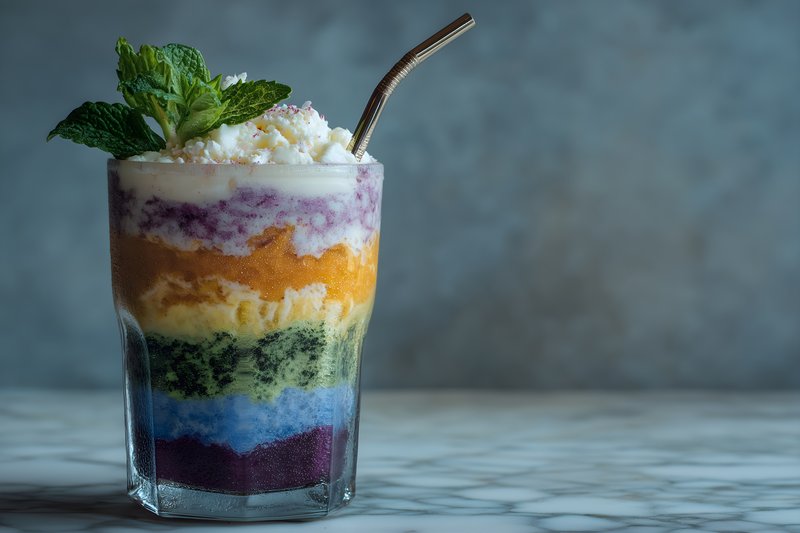 Colorful layered drink served in a glass with a mint leaf Free Premium Stock Image - stock photo