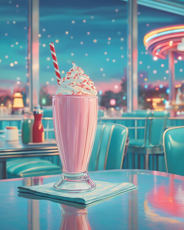 Milkshake served at diner with bright lights in background Free Premium Stock Image - stock photo