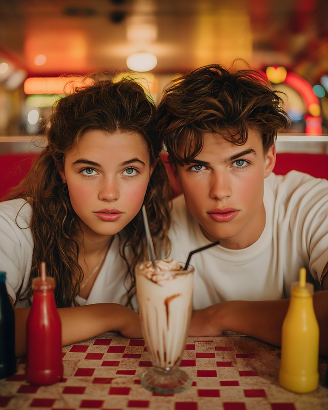 Young couple enjoys milkshake at diner in the evening Free Premium Stock Image - stock photo
