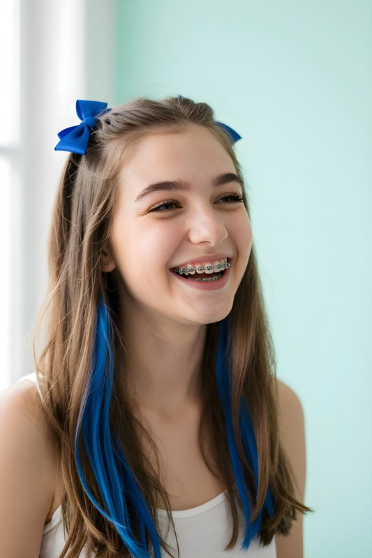Girl with blue hair accessories smiles in room with green walls Free Premium Stock Photo - stock photo
