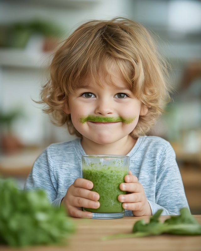 Boy smiles while holding green drink in kitchen Free Premium Stock Image - stock photo