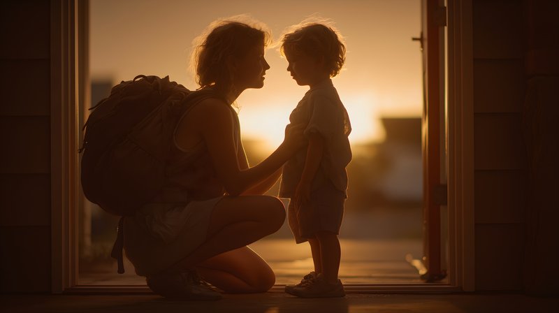 Mother talks to child at sunset near doorway Free Premium Stock Photo - stock photo