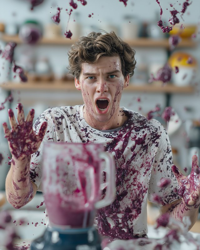 Man reacts to blender accident in kitchen with berry mixture Free Premium Stock Photo - stock photo