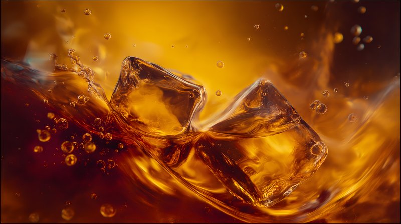 Bubbles and ice cubes float in a brown drink Free Premium Stock Image - stock photo