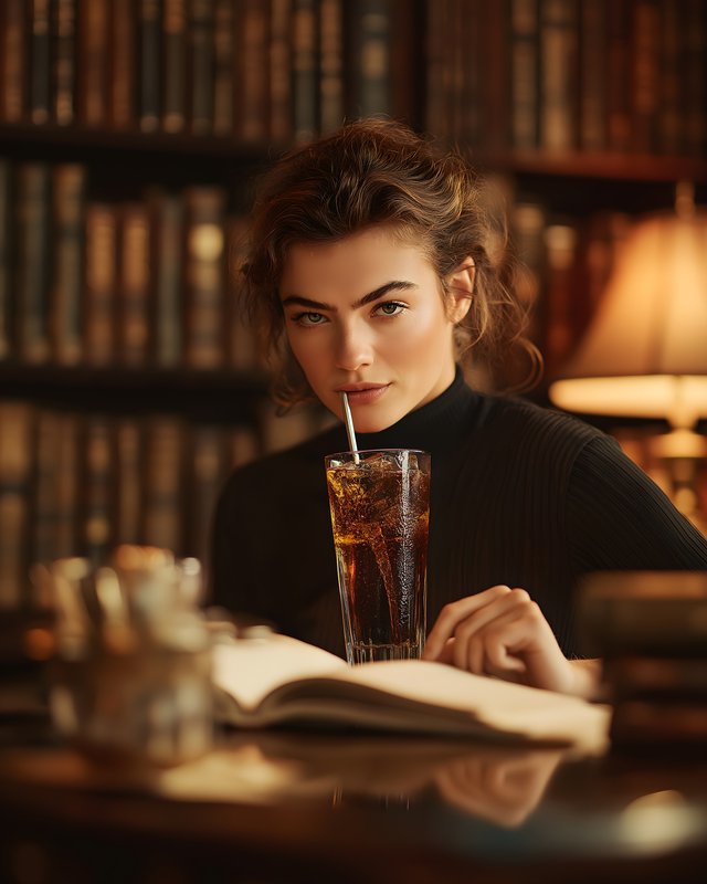 Young adult sits at table with drink in library Free Premium Stock Photo - stock photo