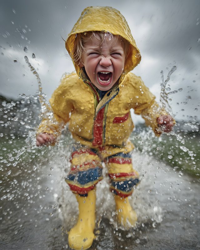 Child plays in puddles during rainstorm in yellow raincoat Free Premium Stock Image - stock photo