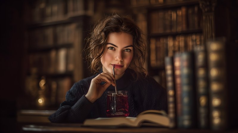 Woman sitting in library with drink and book in hand Free Premium Stock Photo - stock photo