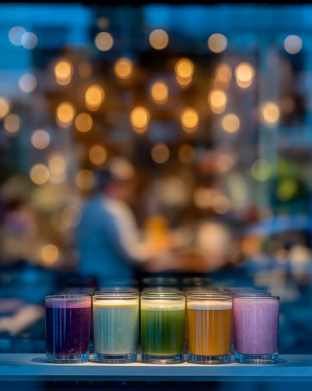 Colorful smoothies on display in a cafe at night Free Premium Stock Photo - stock photo