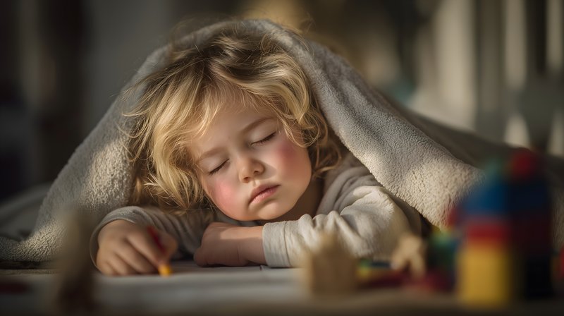 Child sleeps under a blanket near toys in a cozy room Free Premium Stock Image - stock photo