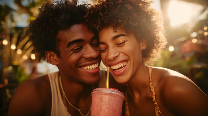 Couple enjoys drinks at outdoor cafe during sunny afternoon Free Premium Stock Image - stock photo