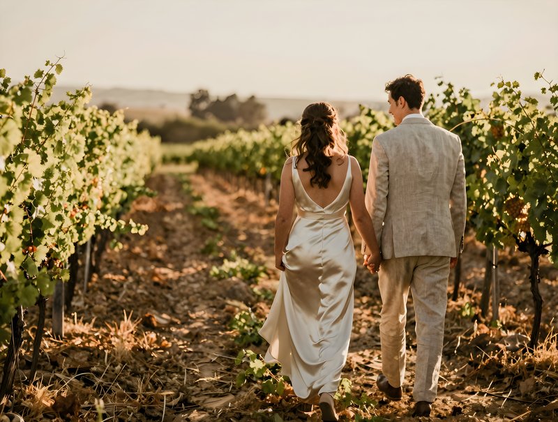 Couple walks through vineyard during sunset holding hands Free Premium Stock Photo - stock photo