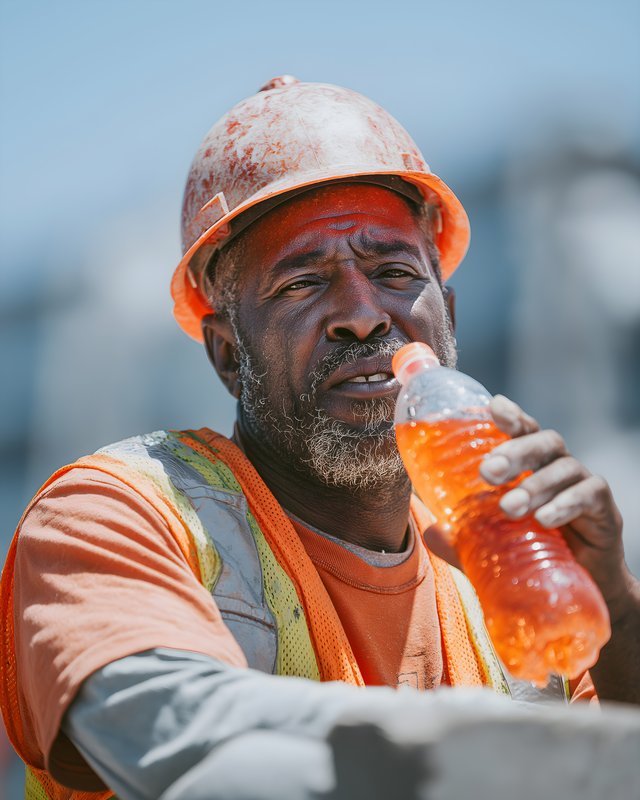 Construction worker drinks sports drink during a break at site Free Premium Stock Image - stock photo