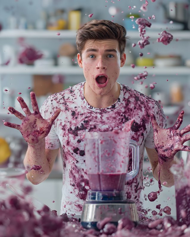 Young man spills smoothie while blending in kitchen Free Premium Stock Image - stock photo