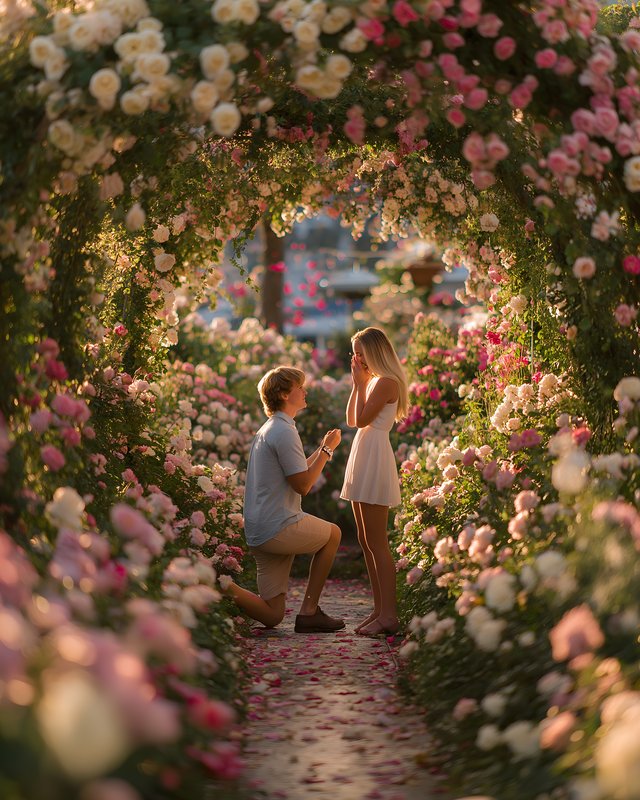 Couple gets engaged in rose garden during sunset Free Premium Stock Image - stock photo