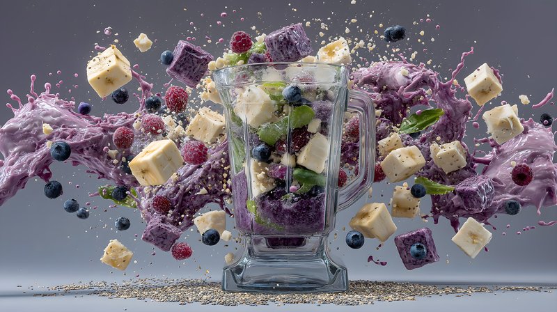 Ingredients for a smoothie are flying around a blender Free Premium Stock Image - stock photo
