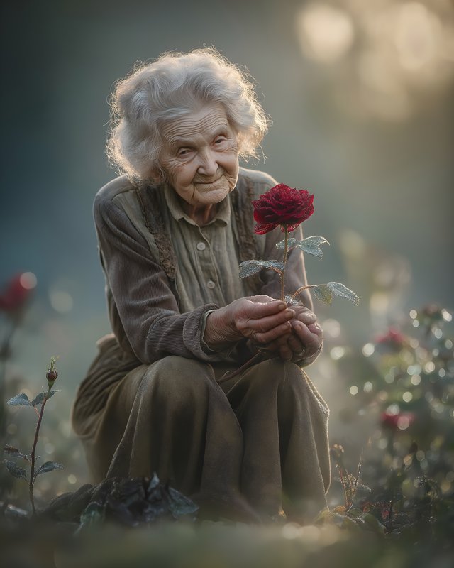 Elderly woman kneeling with red rose in garden during morning Free Premium Stock Image - stock photo