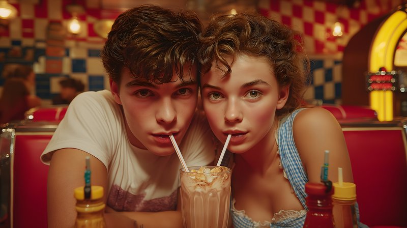 Young couple enjoys milkshake in retro diner setting Free Premium Stock Photo - stock photo