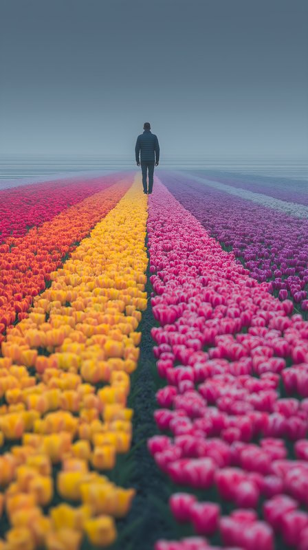 Man walks through field of colorful tulips in foggy weather Free Premium Stock Photo - stock photo