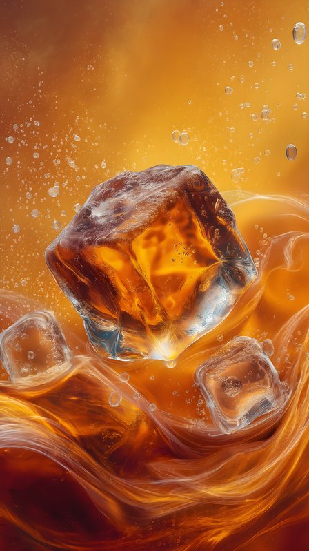 Ice cube floating in liquid with bubbles and warm colors Free Premium Stock Photo - stock photo