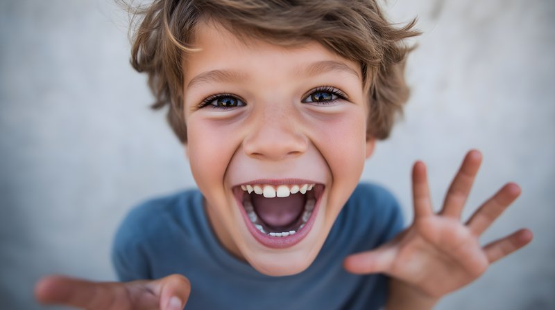 Happy boy shows excitement with big smile and open hands Free Premium Stock Photo - stock photo