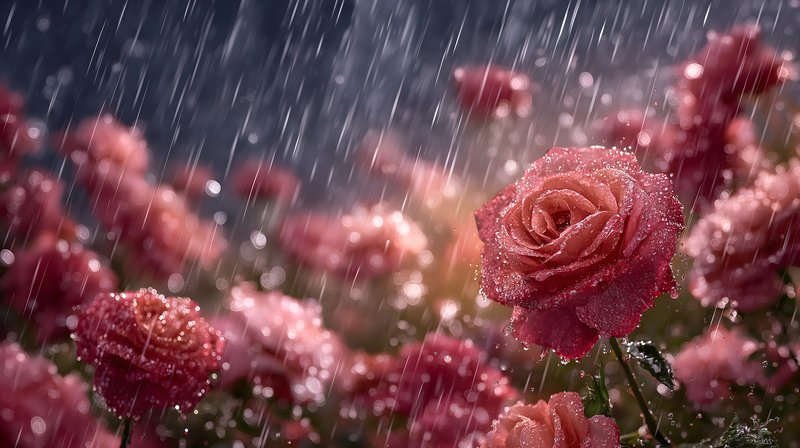 Roses bloom in rain while droplets fall from the sky Free Premium Stock Photo - stock photo